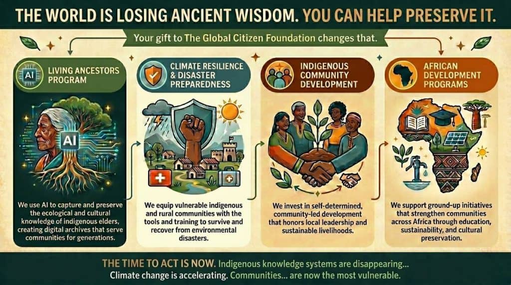 Infographic urging donations to The Global Citizen Foundation, highlighting four program areas: the Living Ancestors Program using AI to preserve indigenous elder knowledge, Climate Resilience and Disaster Preparedness, Indigenous Community Development, and African Development Programs supporting education and sustainability.