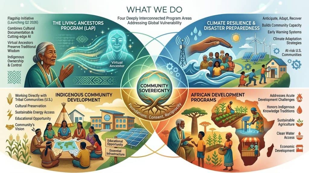 Venn diagram infographic showing GCF's four interconnected programs: The Living Ancestors Program, Climate Resilience and Disaster Preparedness, Indigenous Community Development, and African Development Programs, united by community sovereignty.