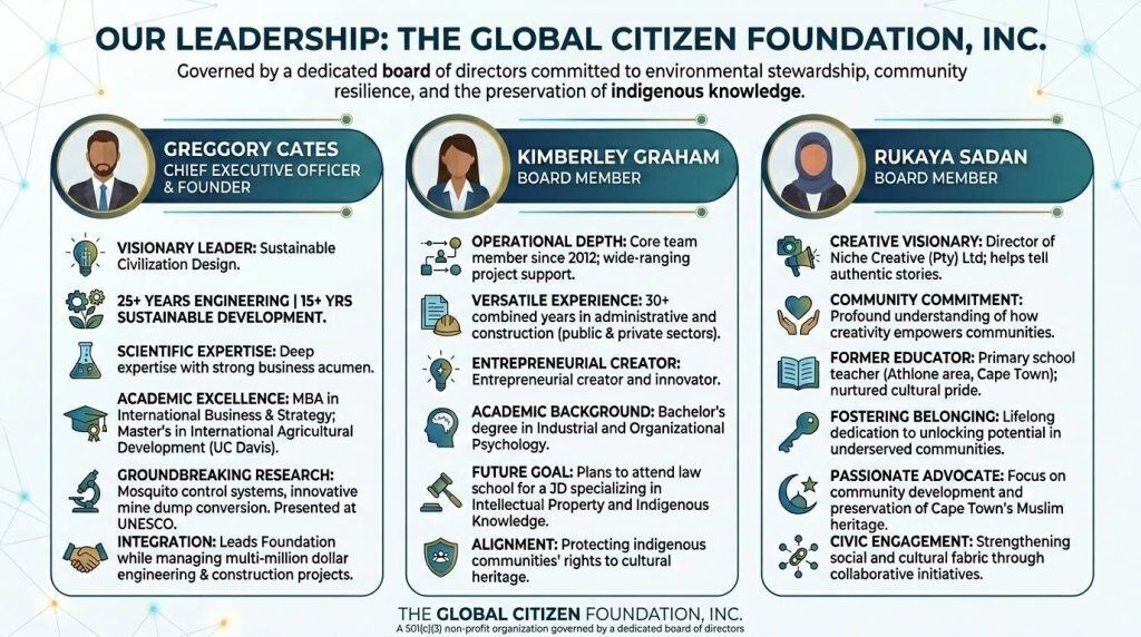Infographic profiling GCF's board of directors: Greggory Cates (CEO & Founder), Kimberley Graham (Board Member), and Rukaya Sadan (Board Member), with their backgrounds and areas of expertise.