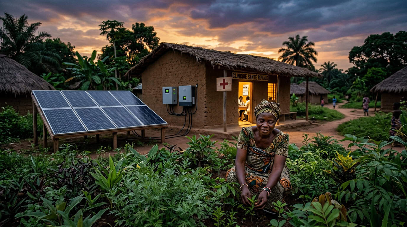 Home climate resil woman tending plants solar clinic