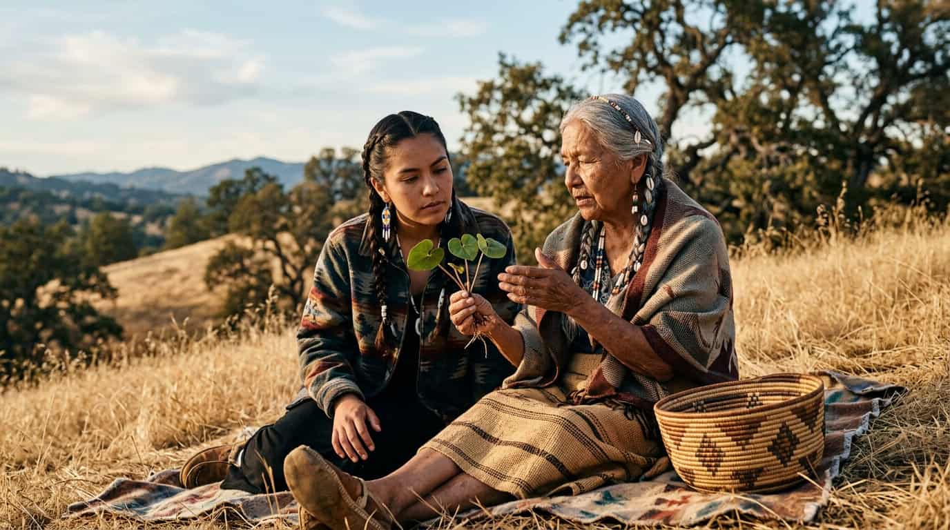 Home indig comm elder teaching woman about plant